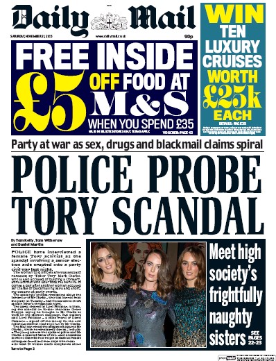 Daily Mail (UK) Newspaper Front Page for 21 November 2015