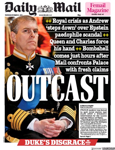 Daily Mail Newspaper Front Page for 21 November 2019