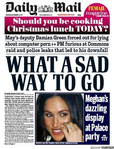 Daily Mail Newspaper Front Page for 21 December 2017
