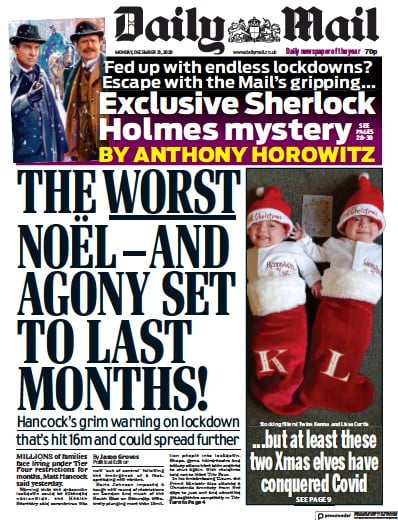 Daily Mail Newspaper Front Page for 21 December 2020