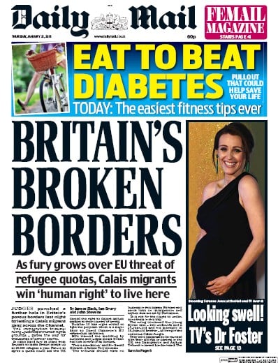 Daily Mail Newspaper Front Page for 21 January 2016