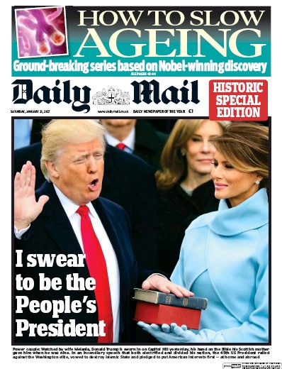 Daily Mail Newspaper Front Page for 21 January 2017
