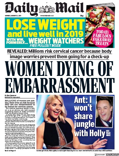 Daily Mail Newspaper Front Page for 21 January 2019