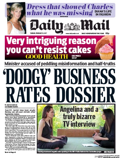Daily Mail Newspaper Front Page for 21 February 2017