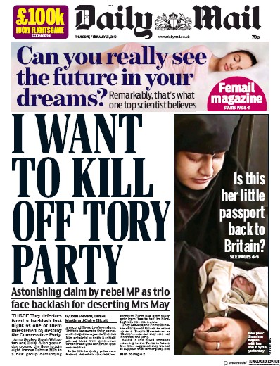 Daily Mail Newspaper Front Page for 21 February 2019