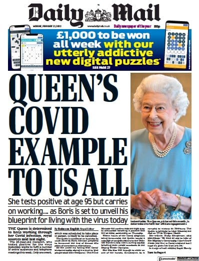 Daily Mail Newspaper Front Page for 21 February 2022