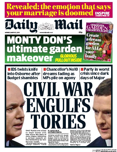 Daily Mail Newspaper Front Page for 21 March 2016