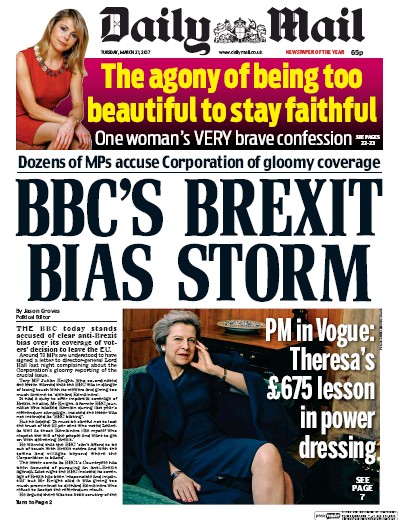 Daily Mail Newspaper Front Page for 21 March 2017