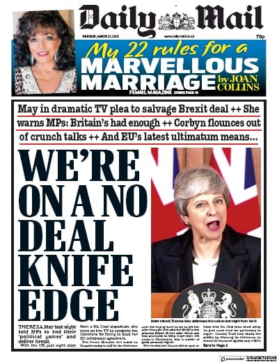 Daily Mail Newspaper Front Page for 21 March 2019