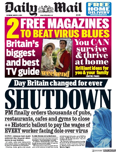 Daily Mail Newspaper Front Page for 21 March 2020