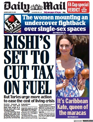 Daily Mail Newspaper Front Page for 21 March 2022