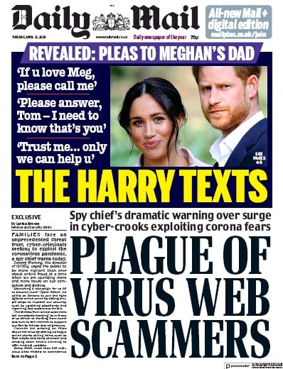 Daily Mail Newspaper Front Page for 21 April 2020