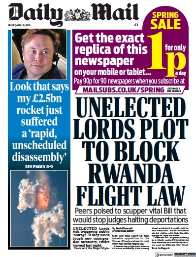 Daily Mail (UK) Newspaper Front Page for 21 April 2023