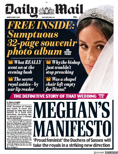 Daily Mail Newspaper Front Page for 21 May 2018
