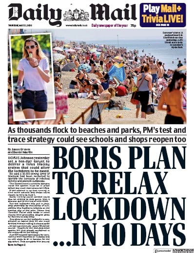 Daily Mail (UK) Newspaper Front Page for 21 May 2020