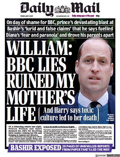 Daily Mail (UK) Newspaper Front Page for 21 May 2021