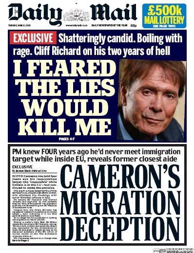 Daily Mail Newspaper Front Page for 21 June 2016