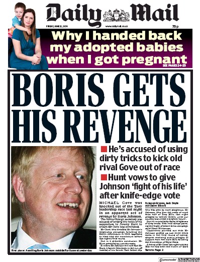 Daily Mail Newspaper Front Page for 21 June 2019