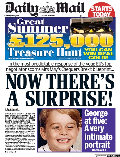 Daily Mail Newspaper Front Page for 21 July 2018