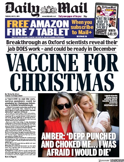 Daily Mail Newspaper Front Page for 21 July 2020