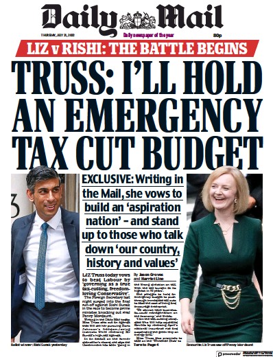 Daily Mail Newspaper Front Page for 21 July 2022