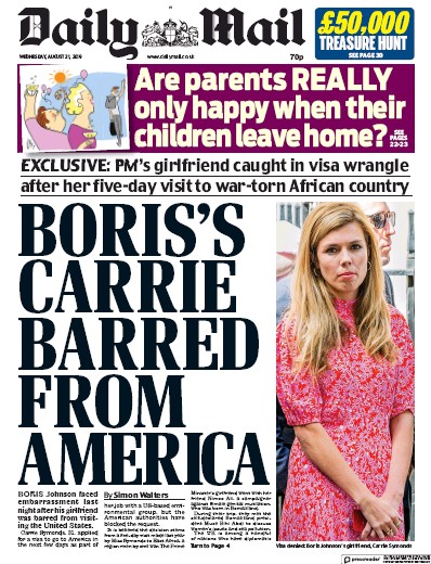 Daily Mail Newspaper Front Page for 21 August 2019