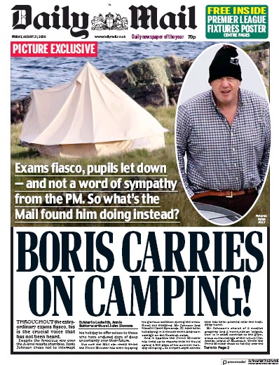 Daily Mail Newspaper Front Page for 21 August 2020