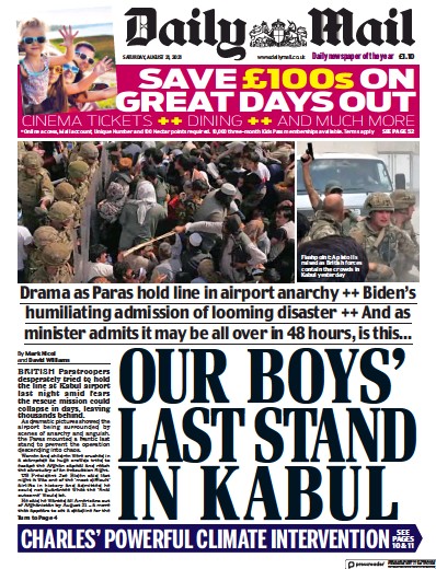 Daily Mail (UK) Newspaper Front Page for 21 August 2021
