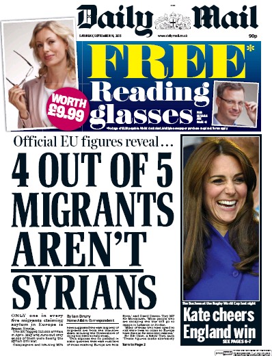Daily Mail Newspaper Front Page for 21 September 2015