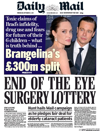 Daily Mail Newspaper Front Page for 21 September 2016