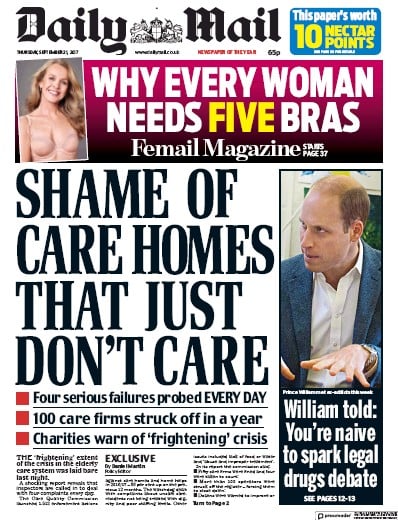 Daily Mail Newspaper Front Page for 21 September 2017