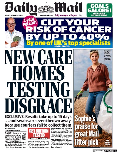 Daily Mail (UK) Newspaper Front Page for 21 September 2020