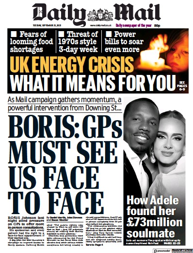 Daily Mail (UK) Newspaper Front Page for 21 September 2021