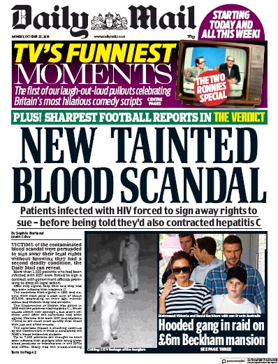 Daily Mail (UK) Newspaper Front Page for 22 October 2018