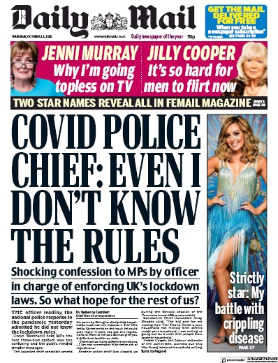 Daily Mail Newspaper Front Page for 22 October 2020