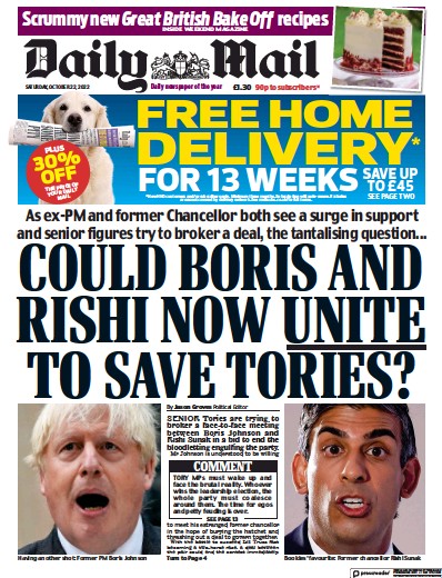 Daily Mail (UK) Newspaper Front Page for 22 October 2022