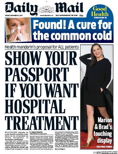 Daily Mail Newspaper Front Page for 22 November 2016