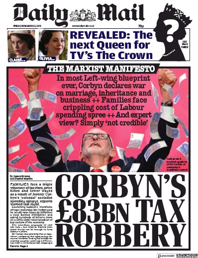 Daily Mail Newspaper Front Page for 22 November 2019