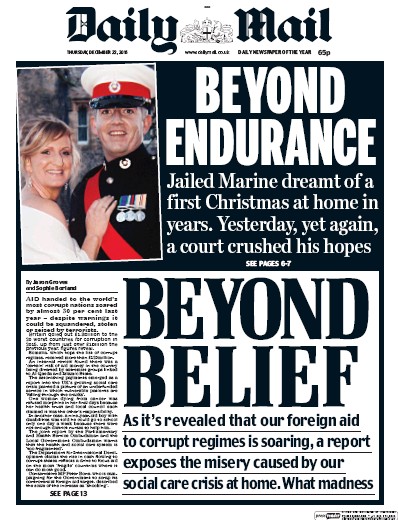 Daily Mail Newspaper Front Page for 22 December 2016