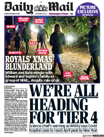 Daily Mail (UK) Newspaper Front Page for 22 December 2020