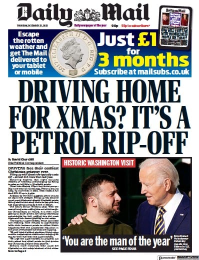 Daily Mail Newspaper Front Page for 22 December 2022