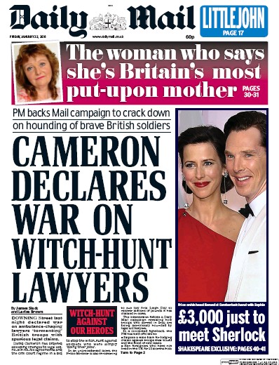 Daily Mail Newspaper Front Page for 22 January 2016