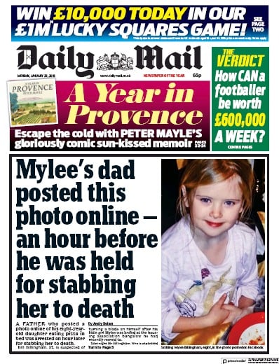 Daily Mail Newspaper Front Page for 22 January 2018