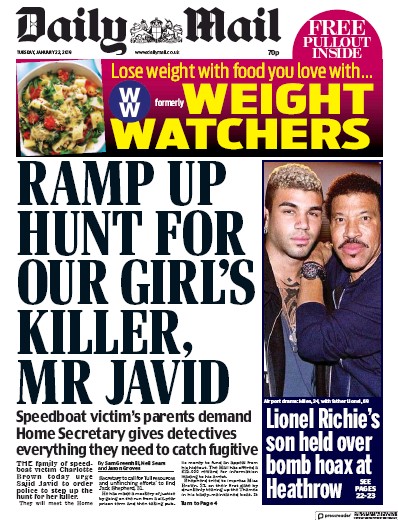 Daily Mail Newspaper Front Page for 22 January 2019