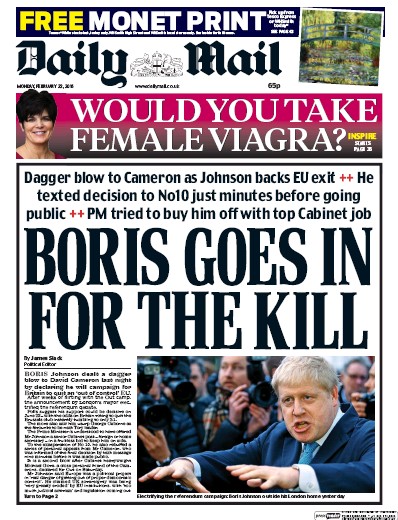 Daily Mail (UK) Newspaper Front Page for 22 February 2016