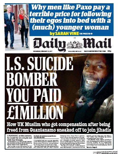 Daily Mail (UK) Newspaper Front Page for 22 February 2017