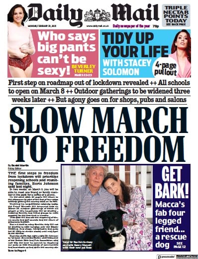 Daily Mail (UK) Newspaper Front Page for 22 February 2021