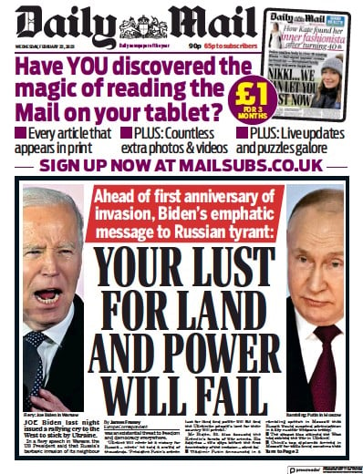 Daily Mail (UK) Newspaper Front Page for 22 February 2023