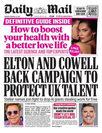 Daily Mail (UK) Newspaper Front Page for 22 February 2025