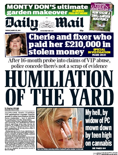 Daily Mail Newspaper Front Page for 22 March 2016